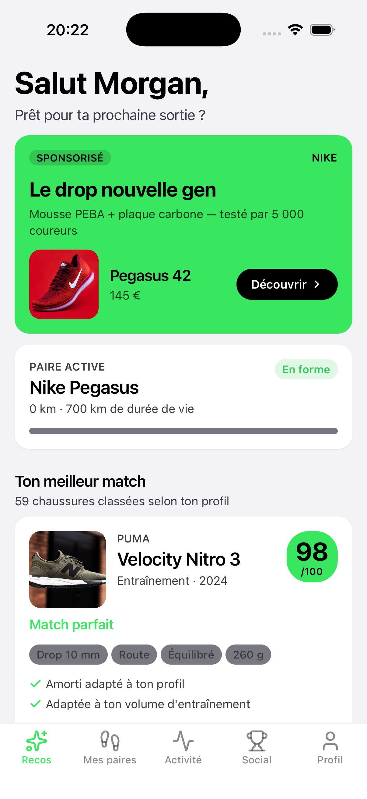 Capture d’écran Runkin — onglet Recos